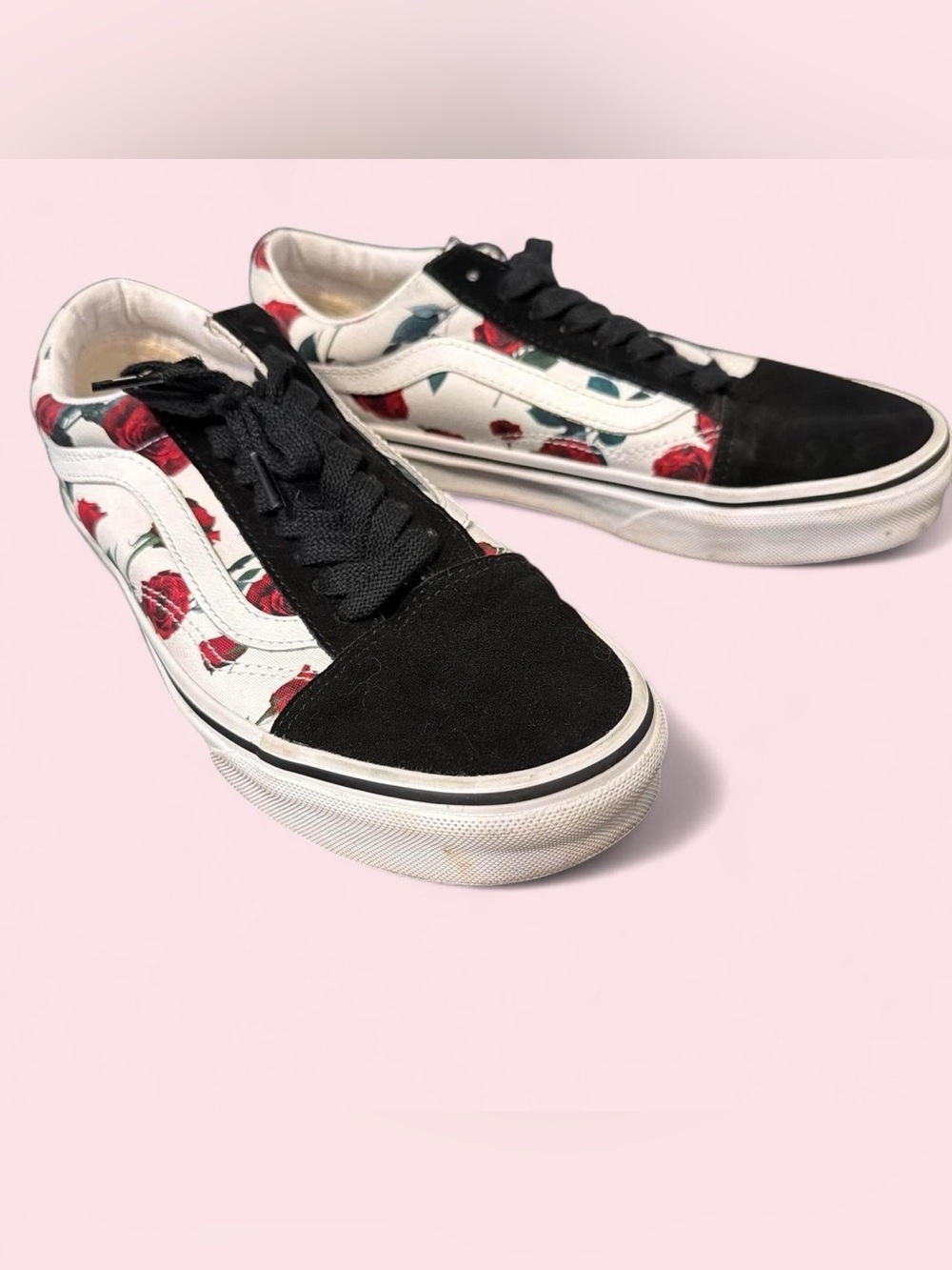 Vans Black & White Low-Top Sneakers with Red Rose Print